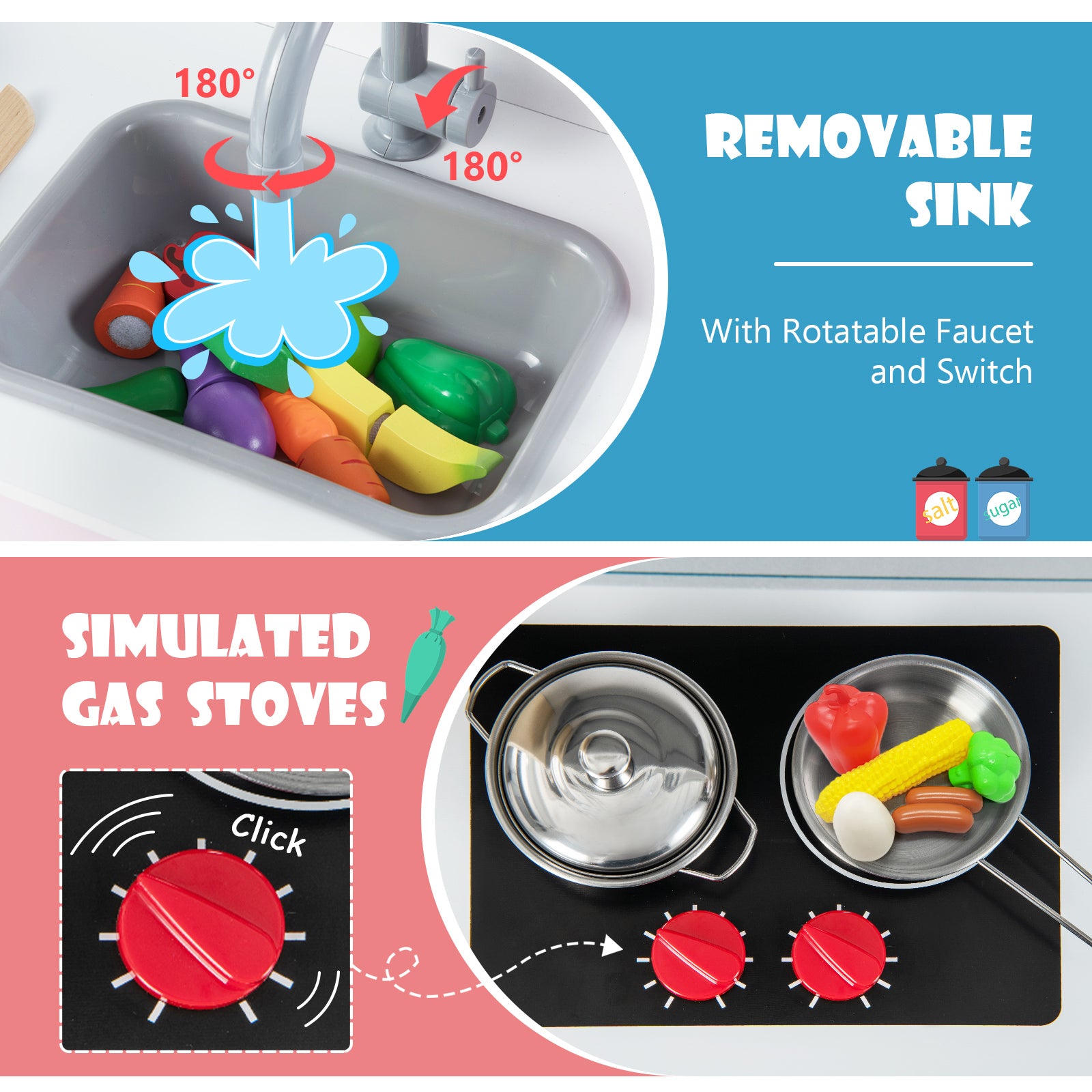 Wooden Kids Play Kitchen Set with Microwave Stoves Oven-Light Pink