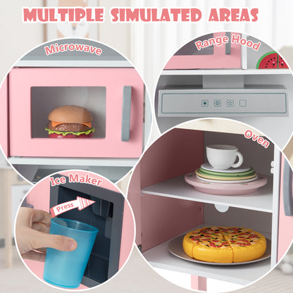 Wooden Kids Play Kitchen Set with Microwave Stoves Oven-Light Pink