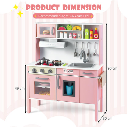 Wooden Kids Play Kitchen Set with Microwave Stoves Oven-Light Pink