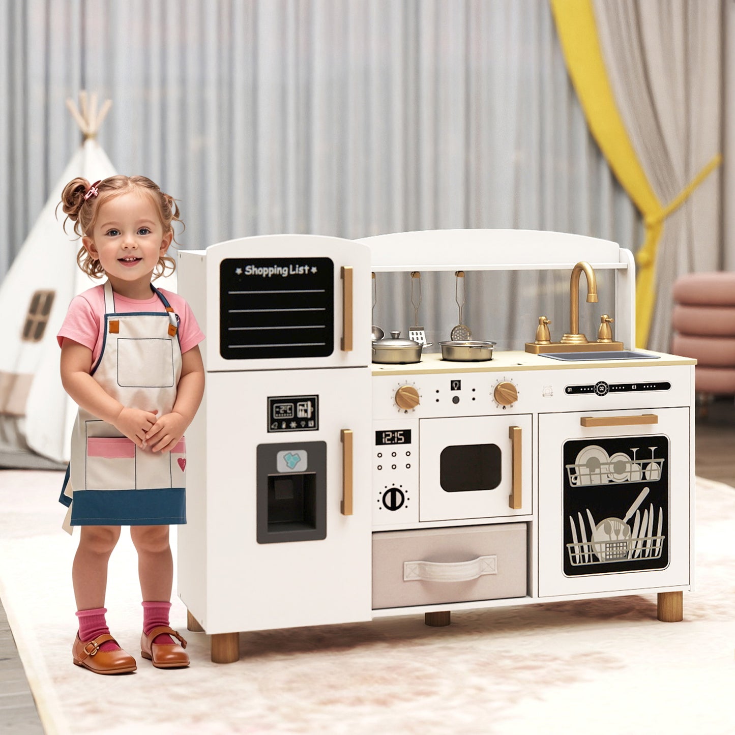 Wooden Kids Play Kitchen with Ice Maker and Fabric Drawer-White