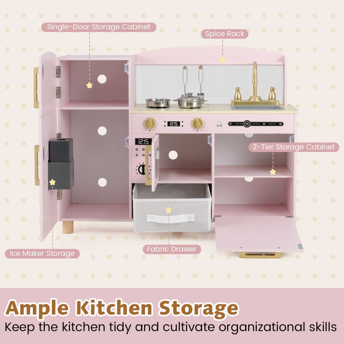 Wooden Kids Play Kitchen with Ice Maker and Fabric Drawer-Pink