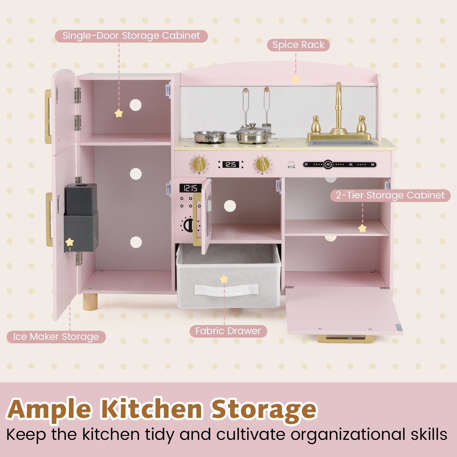 Wooden Kids Play Kitchen with Ice Maker and Fabric Drawer-Pink