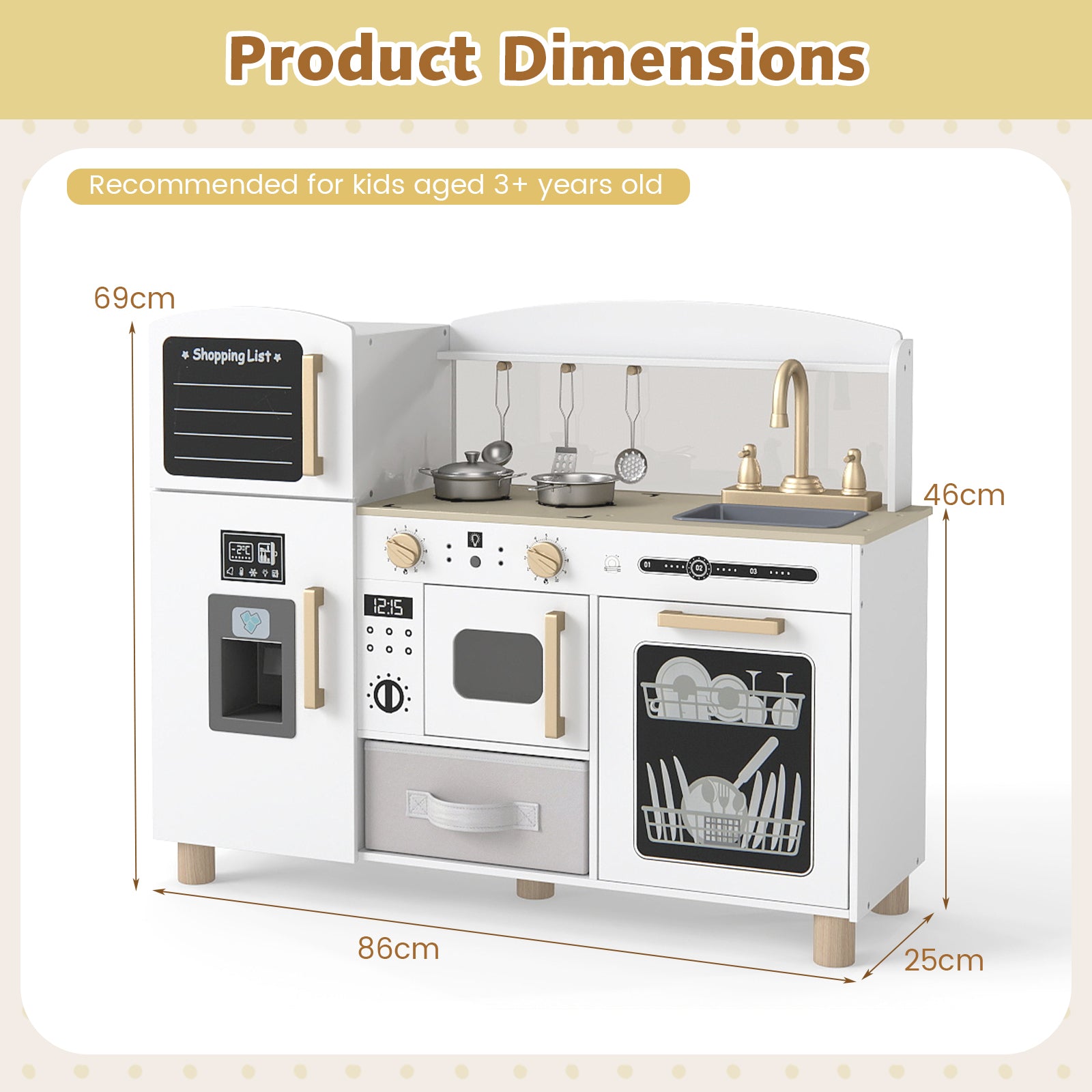 Wooden Kids Play Kitchen with Ice Maker and Fabric Drawer-White