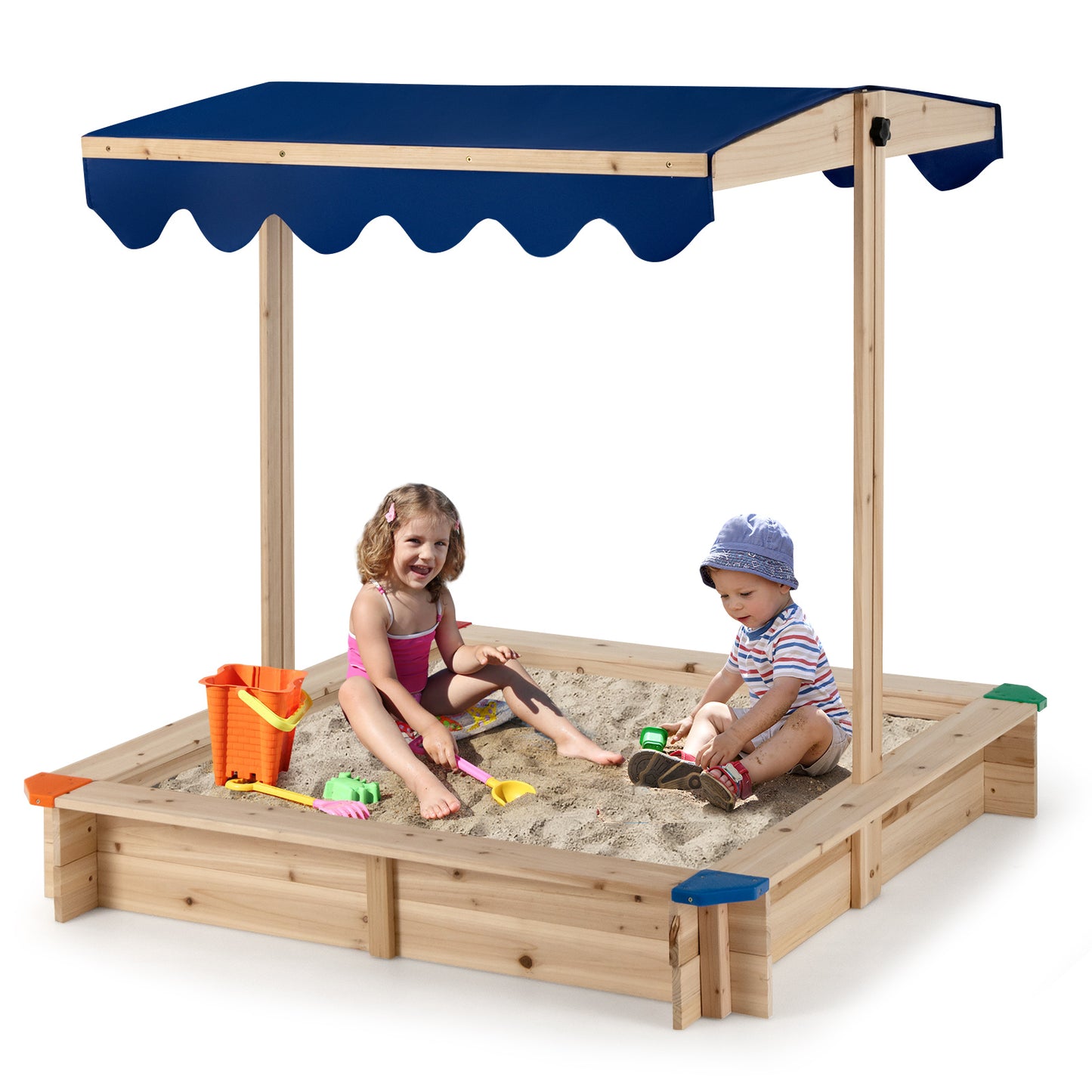 Wooden Kids Sandbox with Height-Adjustable Canopy and Protective Corners