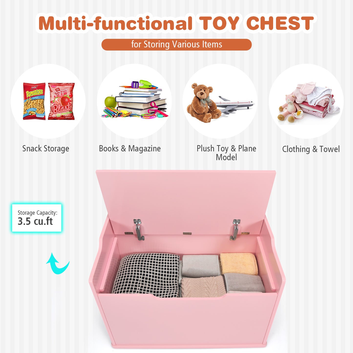 Wooden Kids Toy Box and Bench with Cushion and Handles-Pink