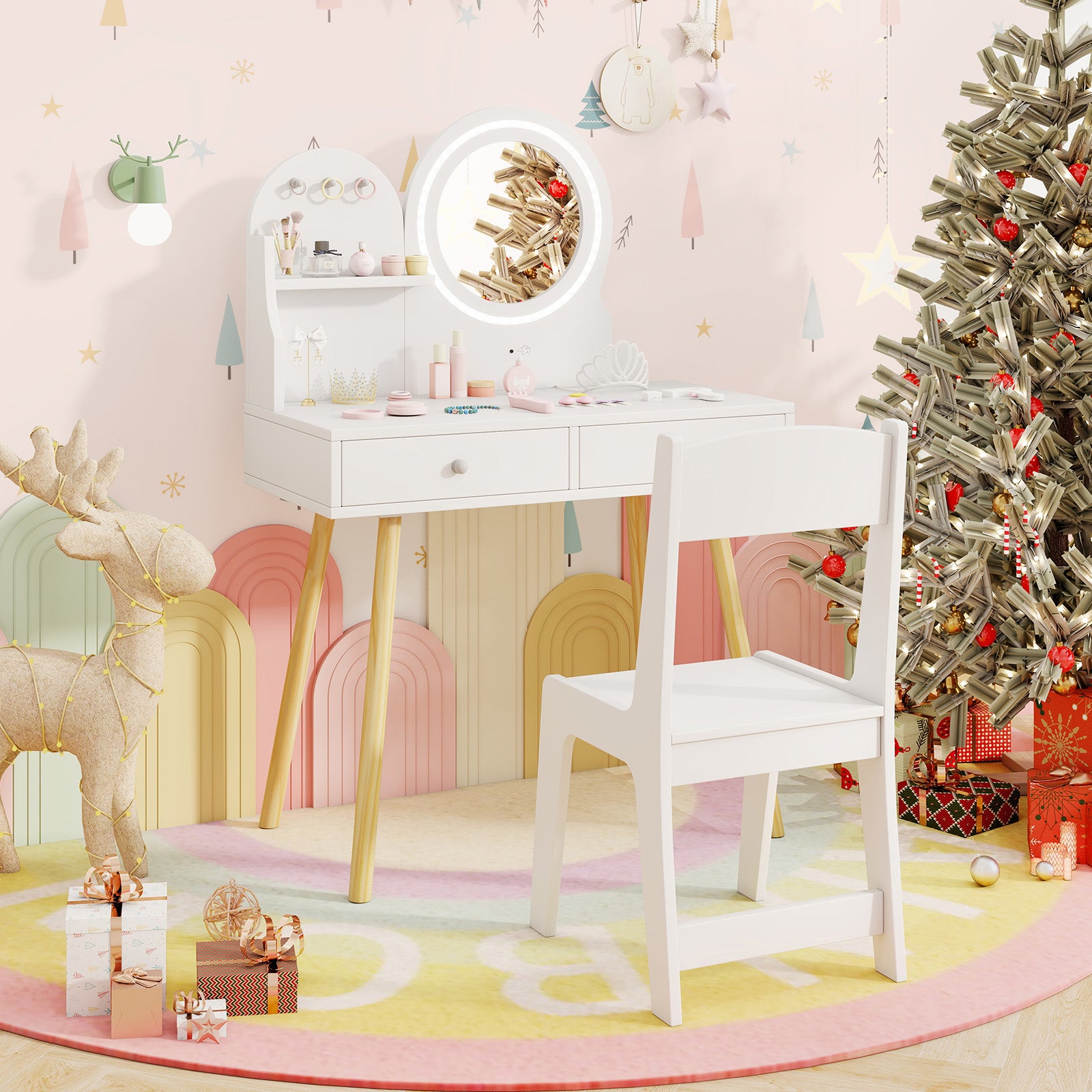 Wooden Kids Vanity Set with Lighted Mirror, Hooks and Storage Drawers-White