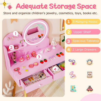 Wooden Kids Vanity Set with Lighted Mirror, Hooks and Storage Drawers-Pink