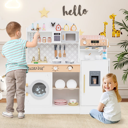 Wooden Kitchen Playset with Clock and Microwave-White