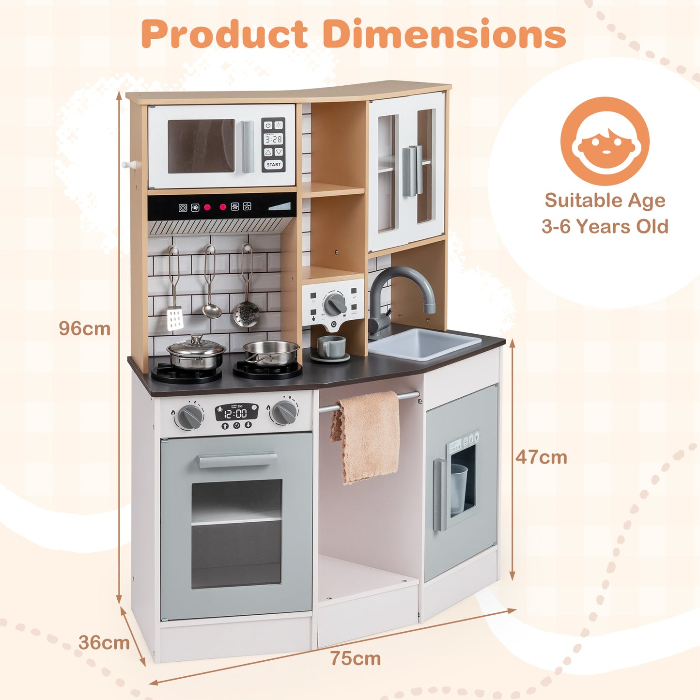 Wooden Kitchen Playset with Sound and Light for Boys Girls-Gray & White