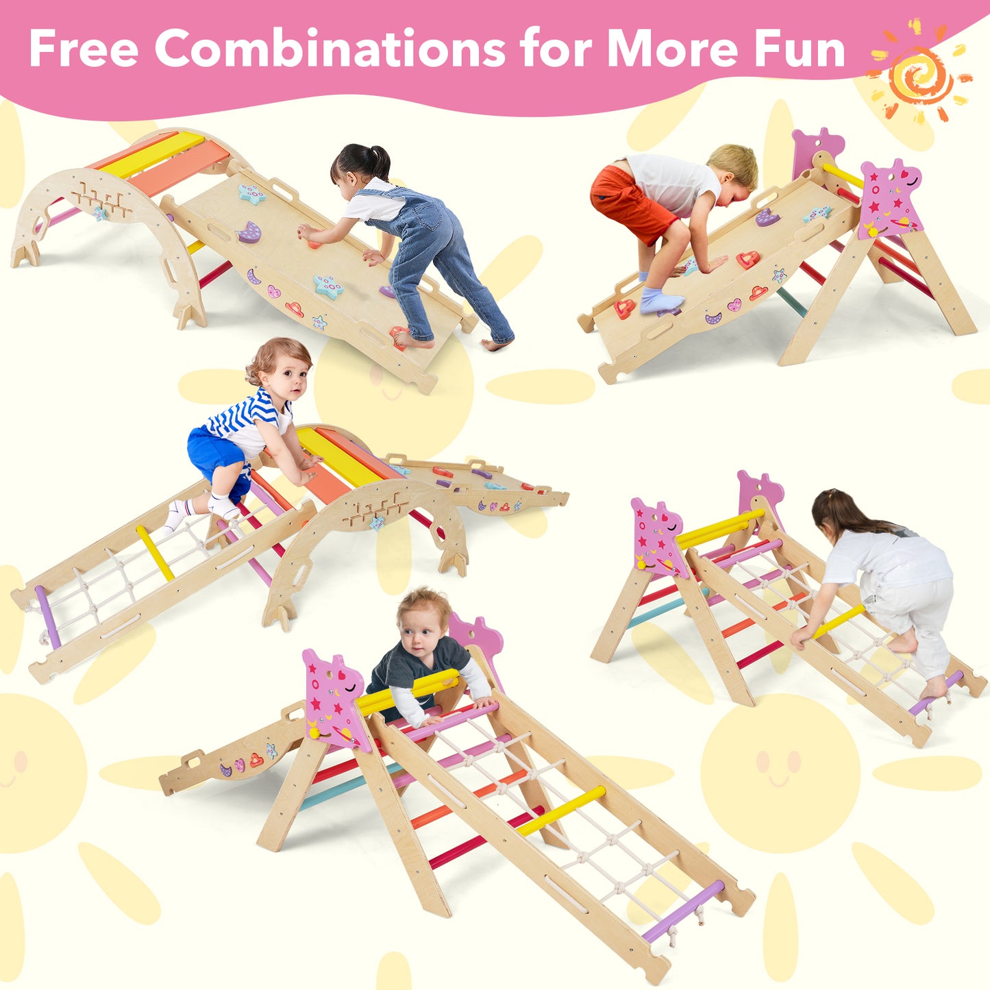 Wooden Montessori Climbing Set with Climbing Rope and Ladder-Colourful