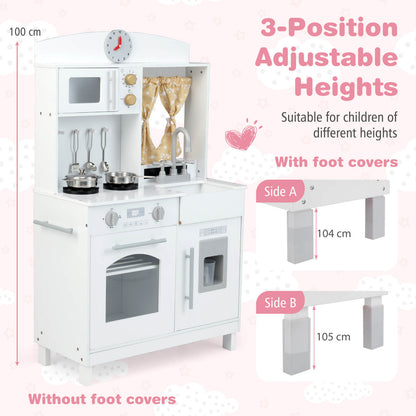 Wooden Play Kitchen for Kids with 3 Adjustable Heights with Stoves and Ice Maker-White