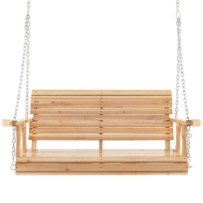 149cm Wooden Porch Swing with Cup Holders Outdoor Hanging Bench