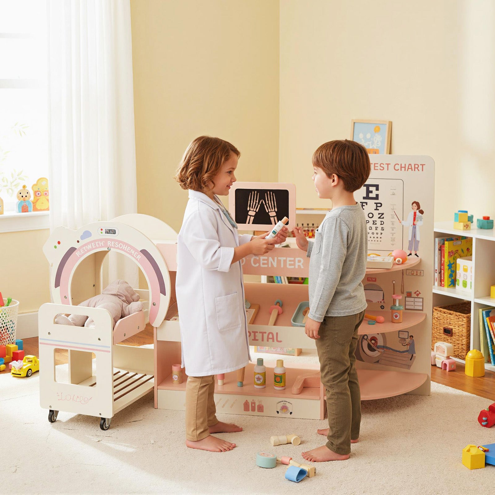 Wooden Pretend Hospital Office Kit with Eye Chart and Toy CT Machine-Pink