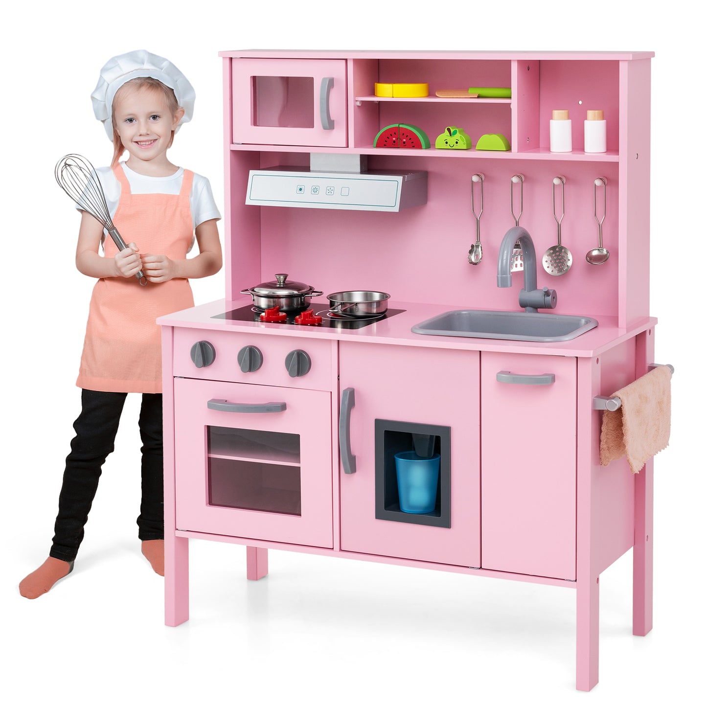 Wooden Kids Play Kitchen Set with Microwave Stoves Oven-Pink