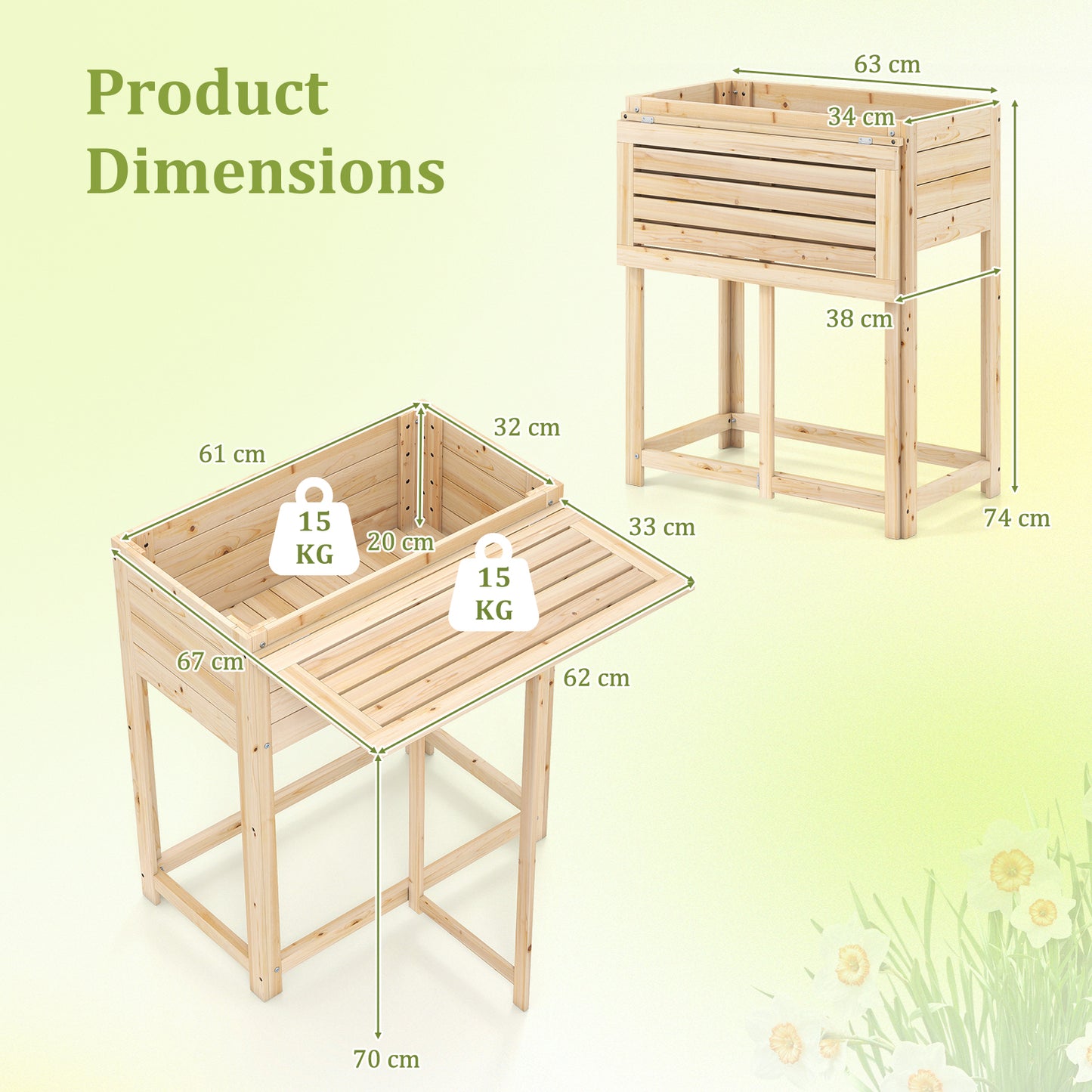 63 x 34 x 74 cm Wooden Raised Garden Bed with Legs and Foldable Side Table
