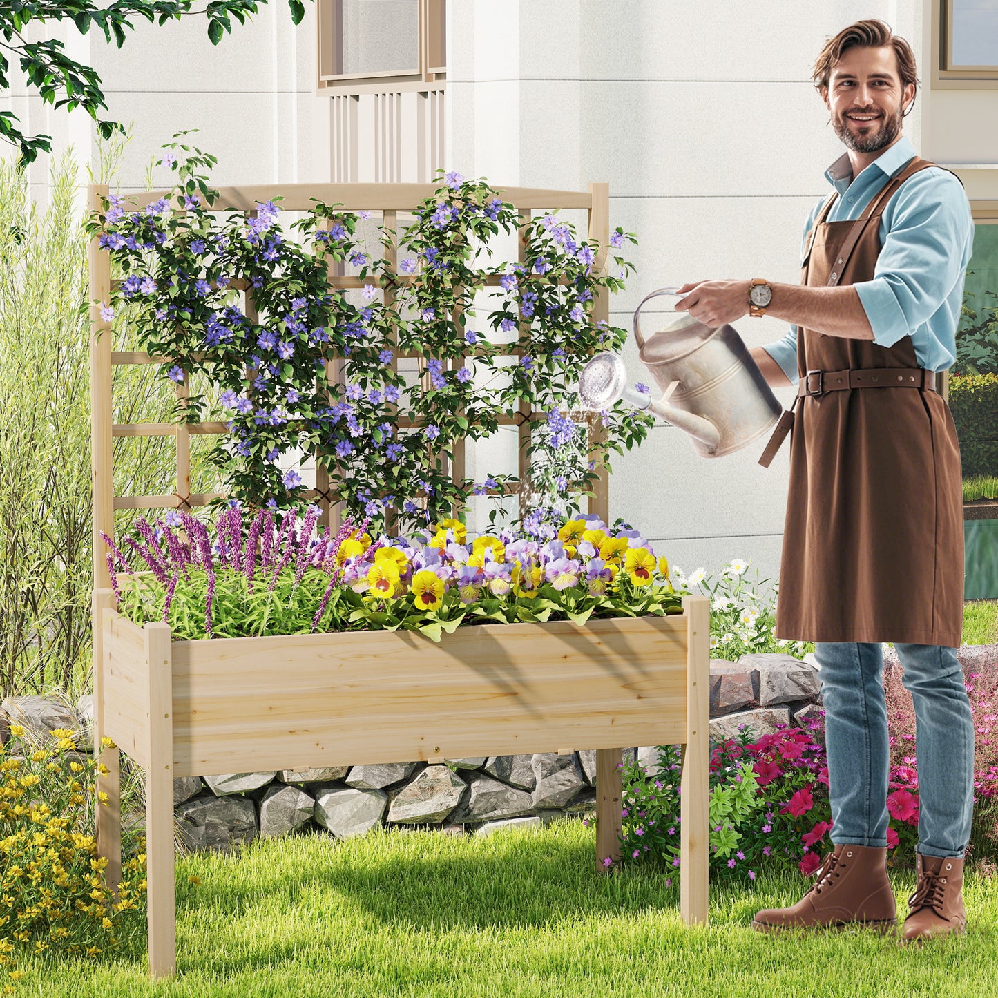 Wooden Raised Garden Bed with Lattice Trellis and Drainage Holes-Natural