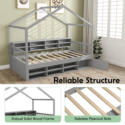 Wooden Single Size House Bed with Roof and 14 Storage Cubes-Grey