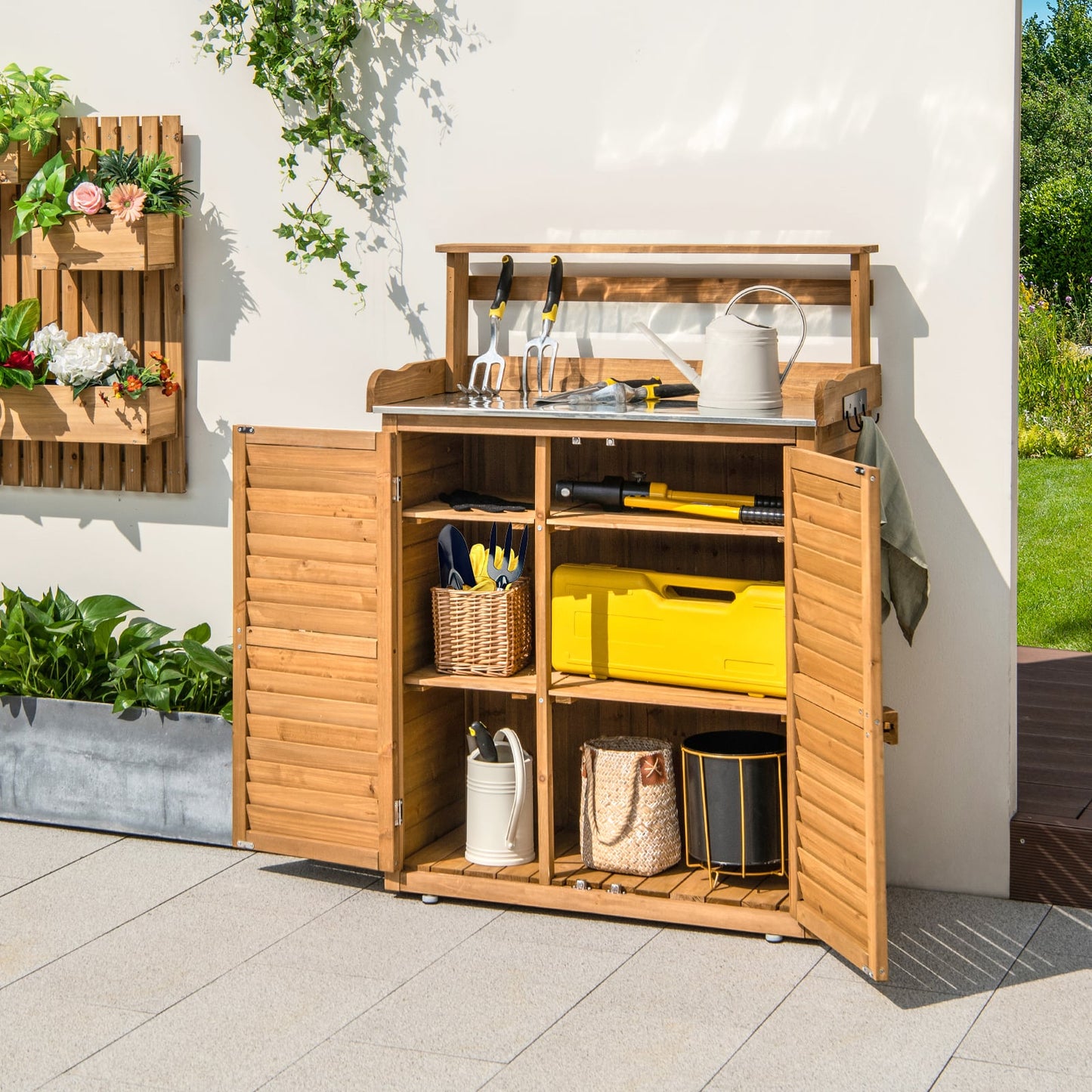 Wooden Storage Cabinet with Galvanized Metal Countertop-Natural