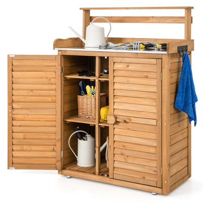 Wooden Storage Cabinet with Galvanized Metal Countertop-Natural