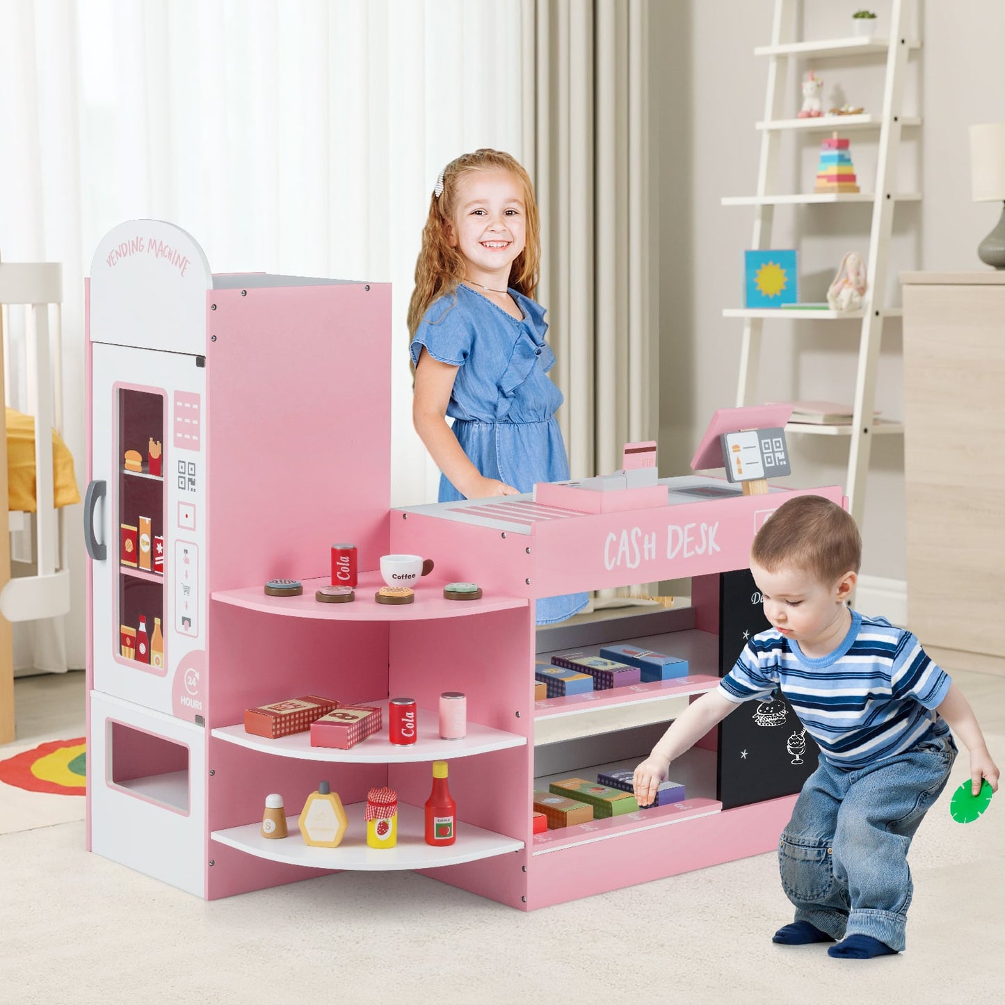 Wooden Supermarket Play Toy Set with Cash Register and POS Machine-Pink