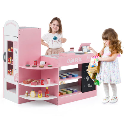 Wooden Supermarket Play Toy Set with Cash Register and POS Machine-Pink