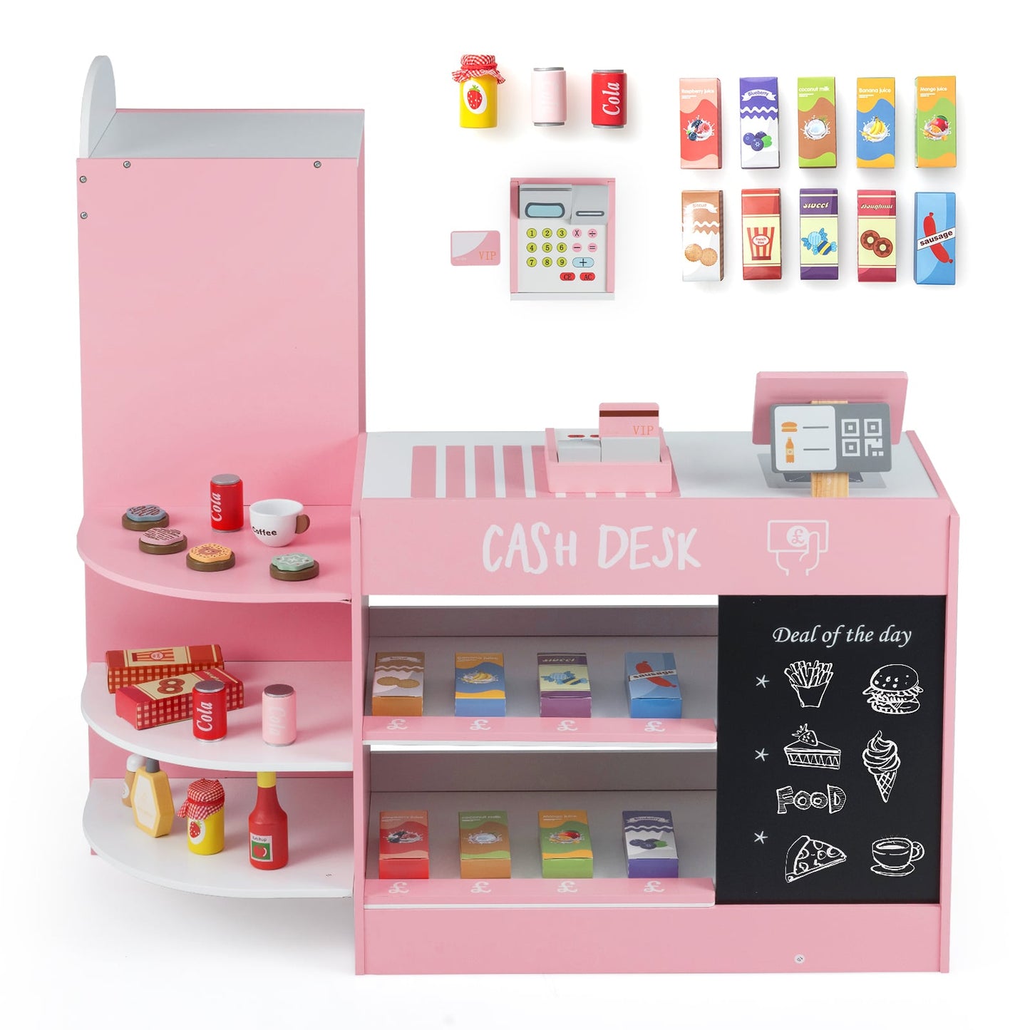 Wooden Supermarket Play Toy Set with Cash Register and POS Machine-Pink