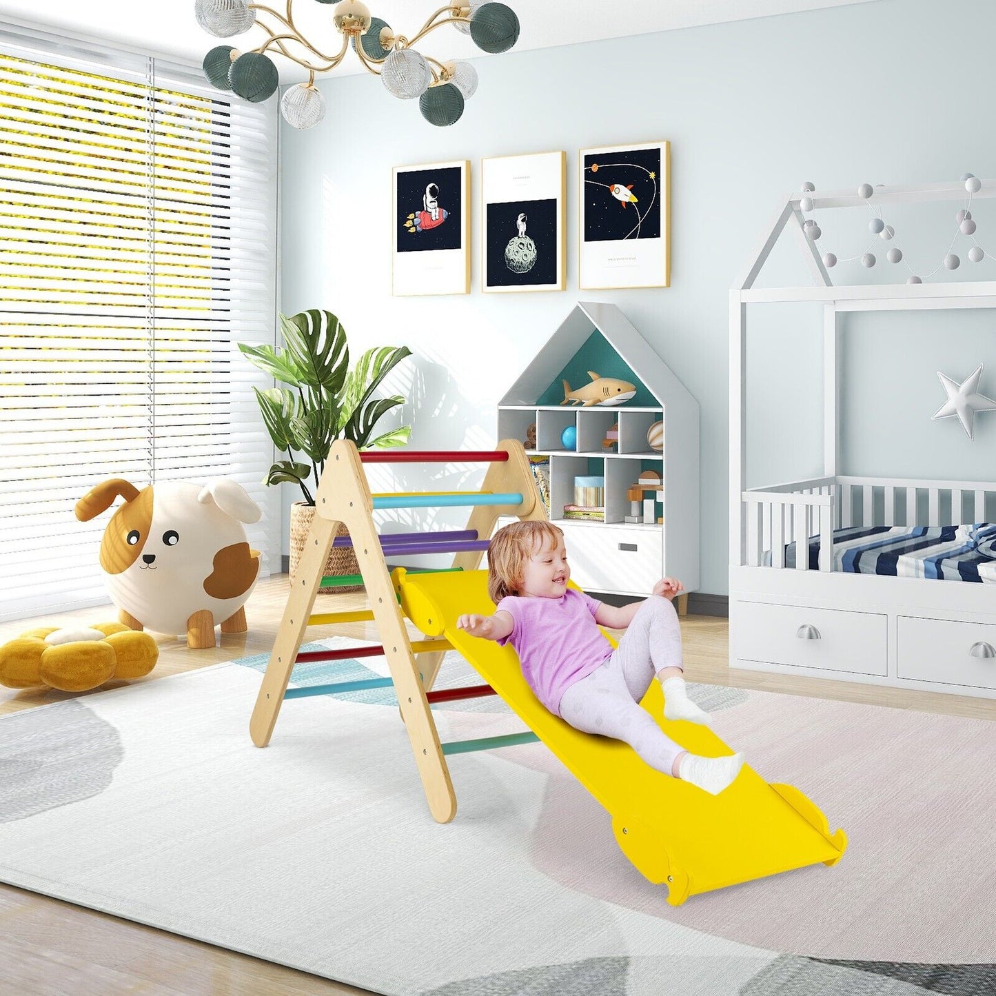 Wooden Triangle Climbing Ladder Set with 2-in-1 Reversible Ramp-Multicolor