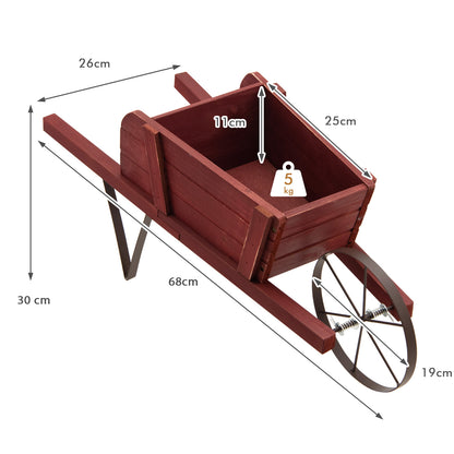 Wooden Wagon Planter Stand Wheelbarrow Flower Cart Garden Decoration-Red