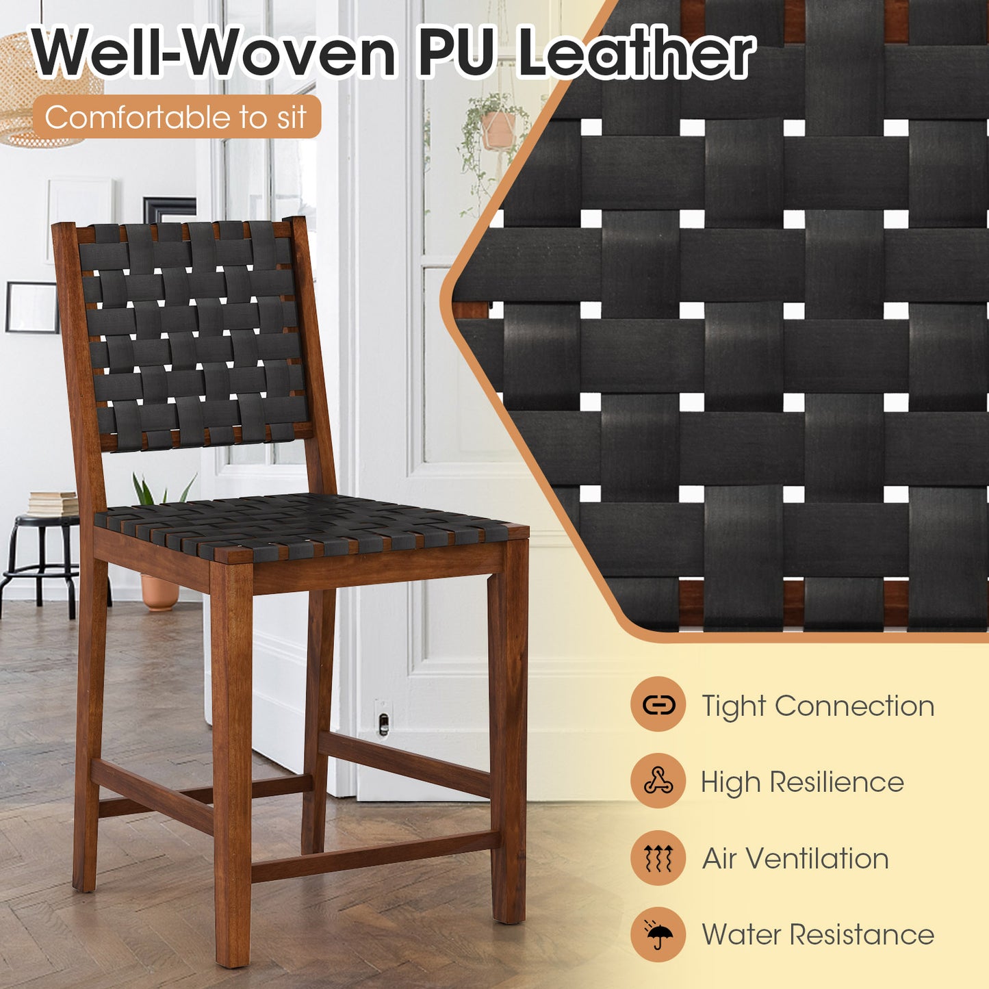 Woven Bar Stools Set of 2 with Faux PU Leather Straps-Black &amp; Brown