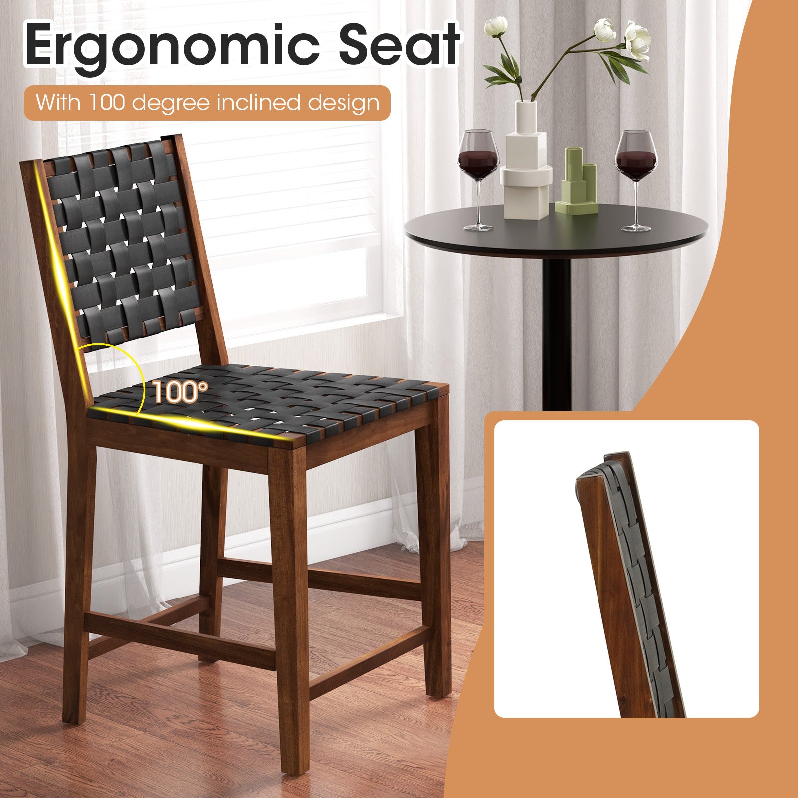 Woven Bar Stools Set of 2 with Faux PU Leather Straps-Black &amp; Brown