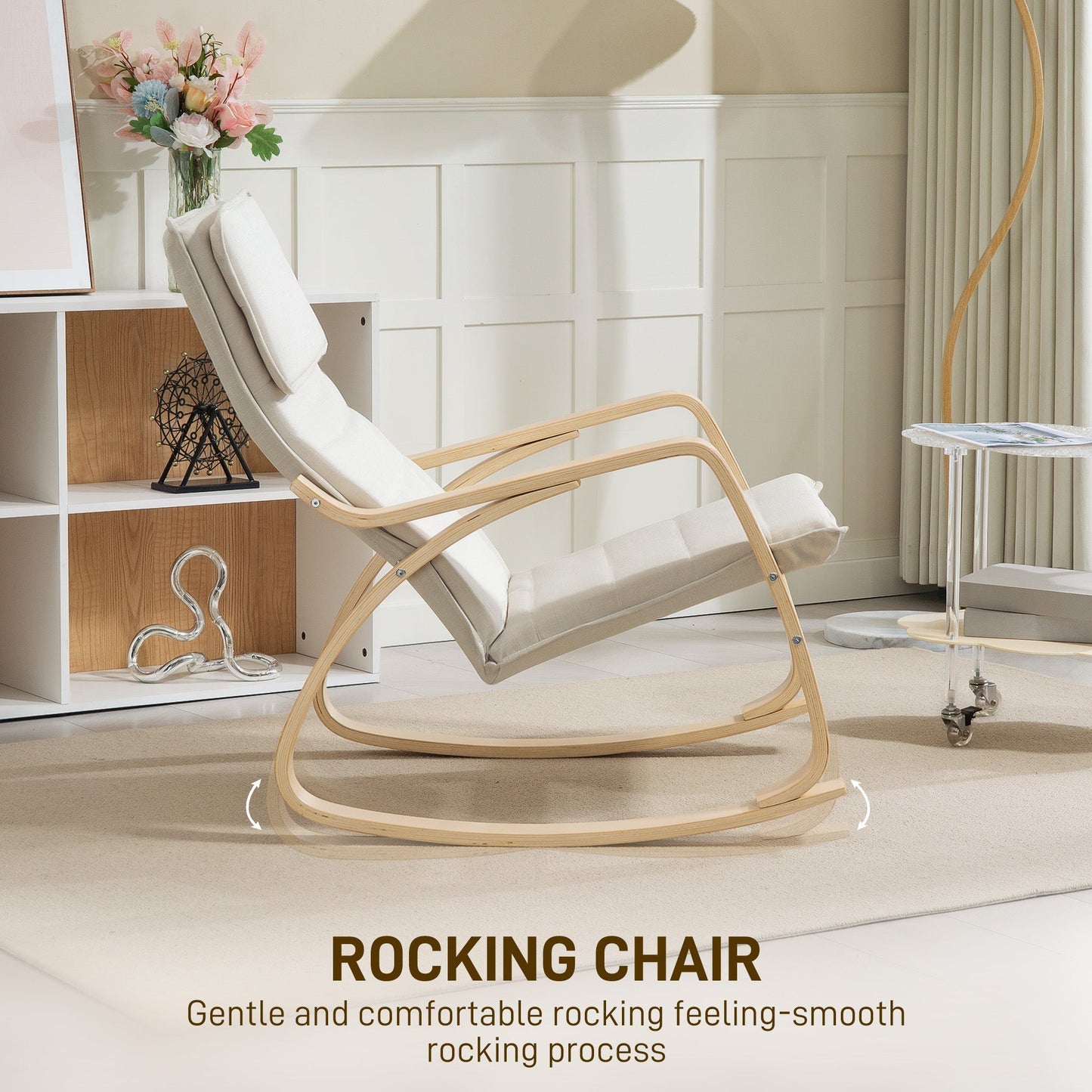 HOMCOM Comfortable Relax Rocking Chair, Upholstered Lounge Chair Recliner with High Back and Headrest for Living Room, Bedroom, Cream White
