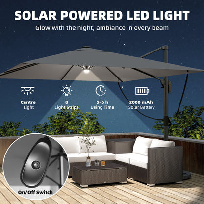 Outsunny 3 x 3 m Garden Cantilever Parasol with Light, Cover, Overhanging Umbrella w/ Wind Protection, 360Â° Rotation, Light Grey