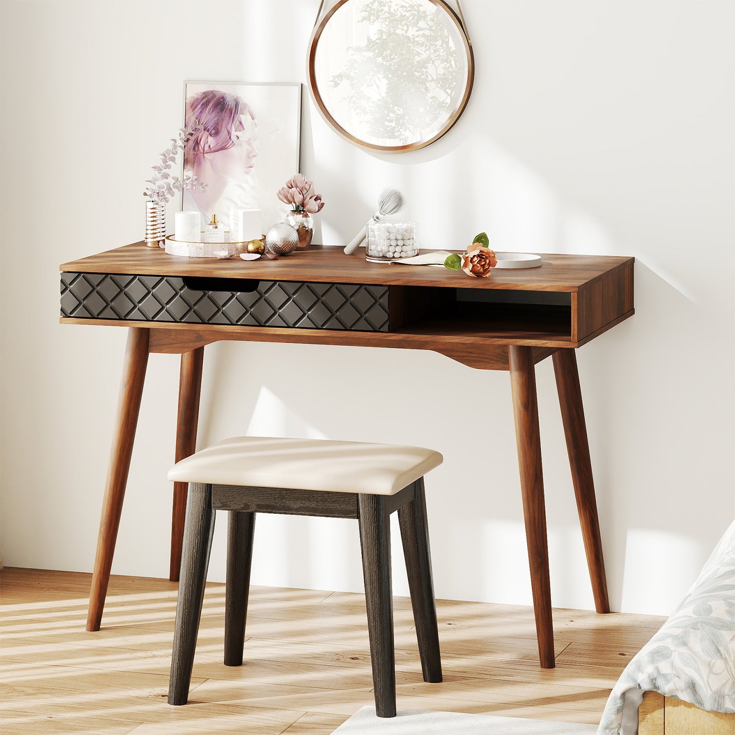 Writing Table with Drawer and Open Compartment Home Office Desk with Rubber Wood Legs-Brown