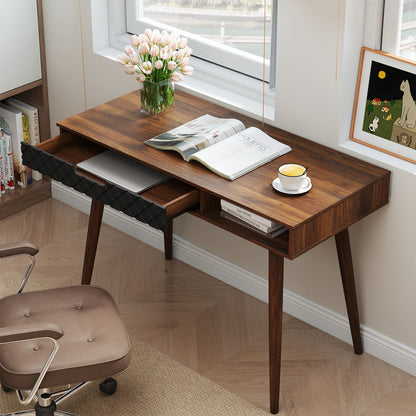 Writing Table with Drawer and Open Compartment Home Office Desk with Rubber Wood Legs-Brown