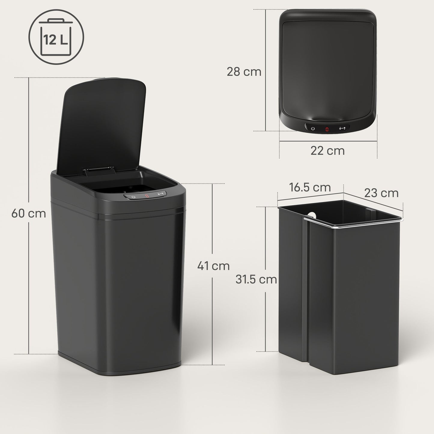 HOMCOM 12L Sensor Bin, Automatic Touchless Motion Sensor Kitchen Bin with Fingerprint Resistant Stainless Steel, Black