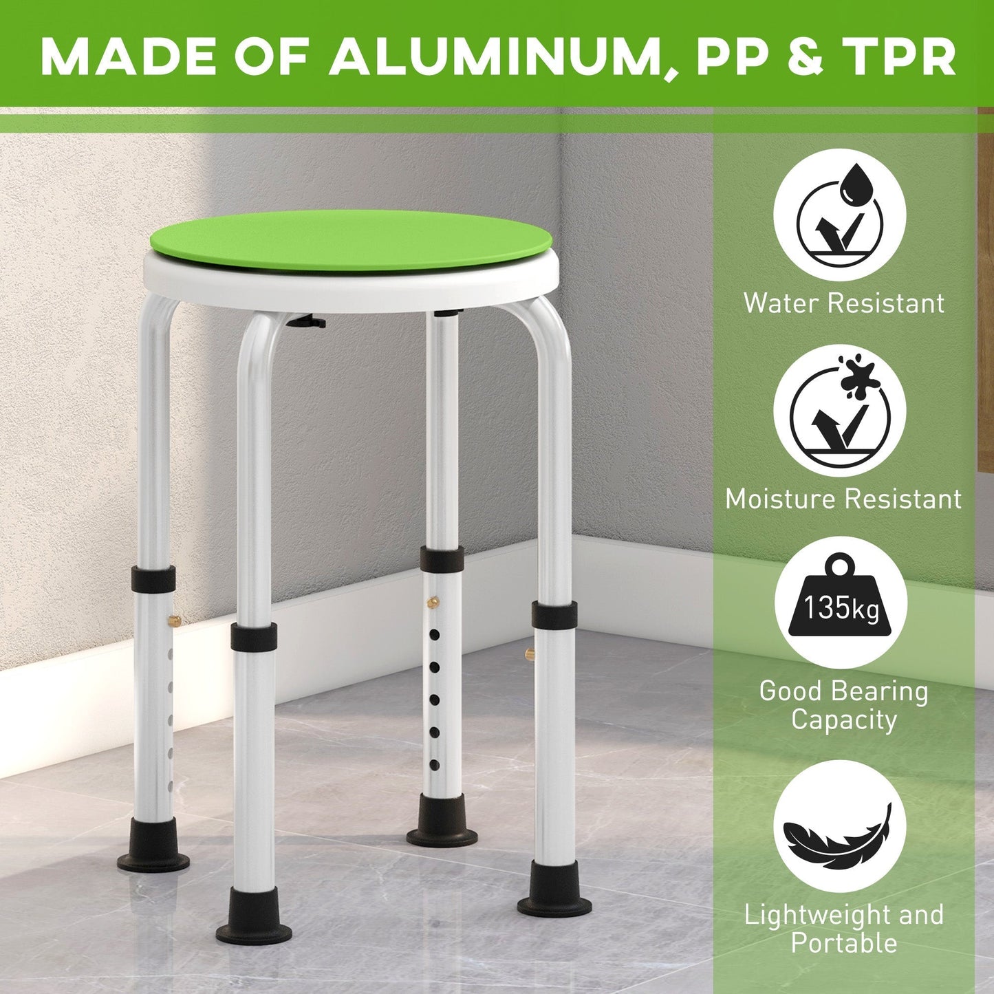 HOMCOM 360  Swivel Shower Chair, Height Adjustable Aluminium Shower Stool with Non-Slip Feet for Disabled, Elderly, Green