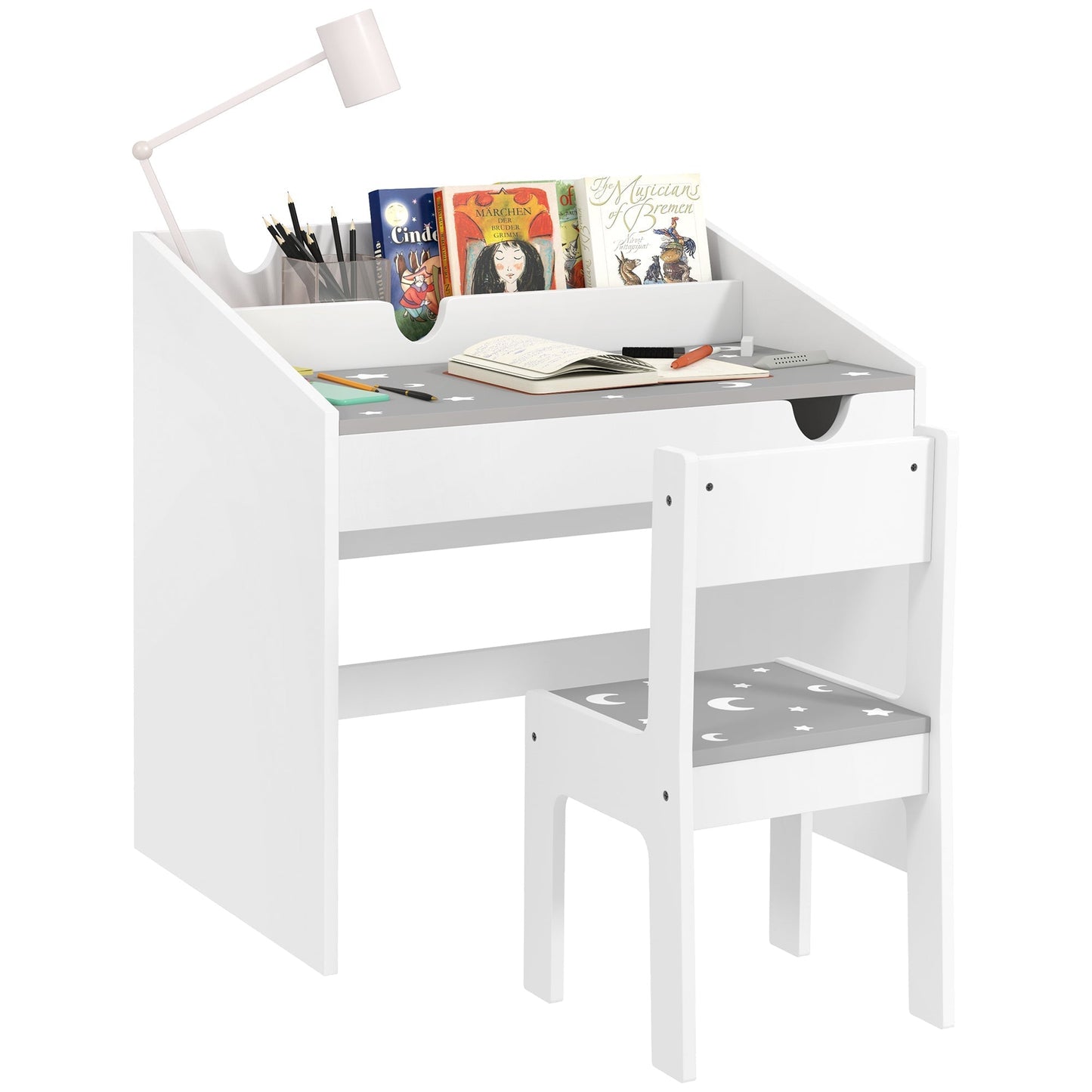 AIYAPLAY Children Study Table and Chair, Kids Desk and Chair Set with Storage, Pull-Out Drawer, for Ages 3-6 Years, Grey