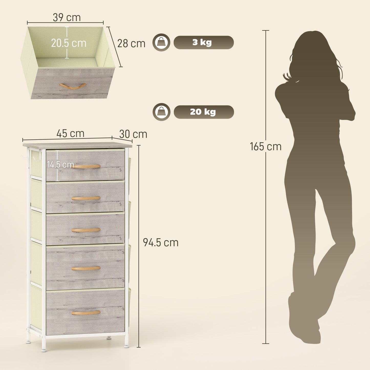 HOMCOM Chest of Five Fabric Drawers - Natural Wood Finish