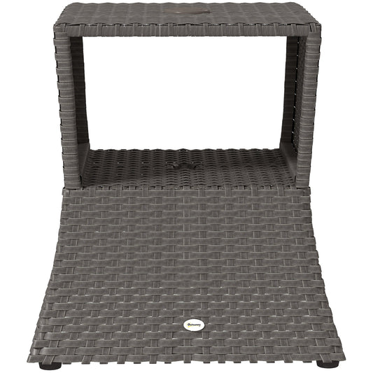 Outsunny Rattan Outdoor Coffee Table, Wicker Garden Patio Bistro Side Table with Umbrella Hole and Storage Space, Dark Grey