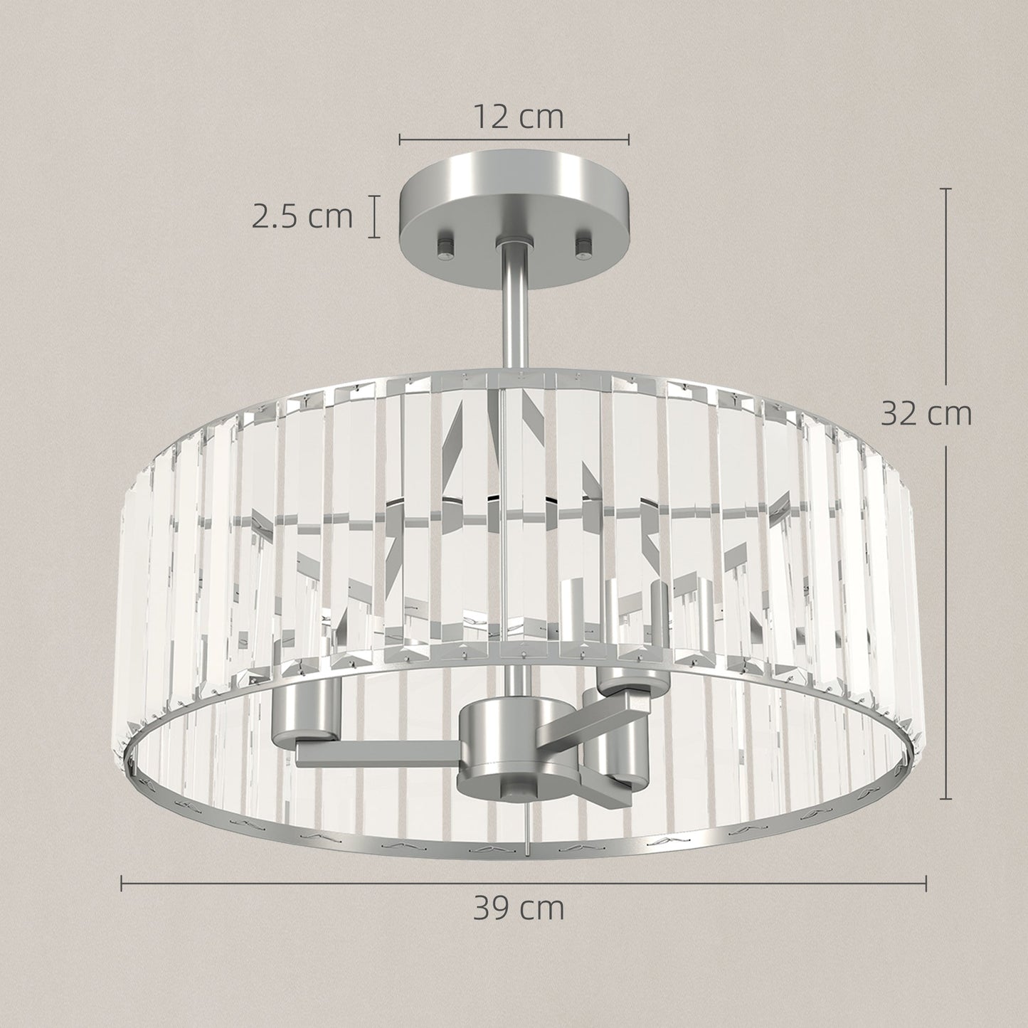 HOMCOM Crystal Ceiling Light Fixture, Semi Flush Mount Modern Crystal Chandelier Ceiling Light for Living Room, Bedroom, Hallway, Dining Room, E14 Base 3-Lights, Bulbs Not Included, Silver Tone