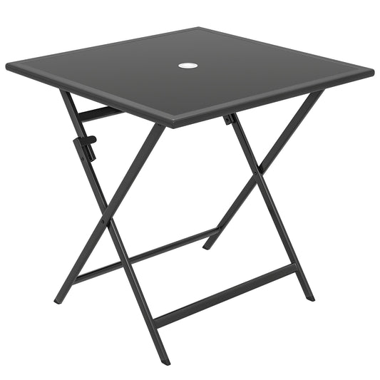 Outsunny Folding Outdoor Dining Table, Square Garden Table Tempered Glass Top with Parasol Hole Garden Patio, 70 x 70 x 70 cm