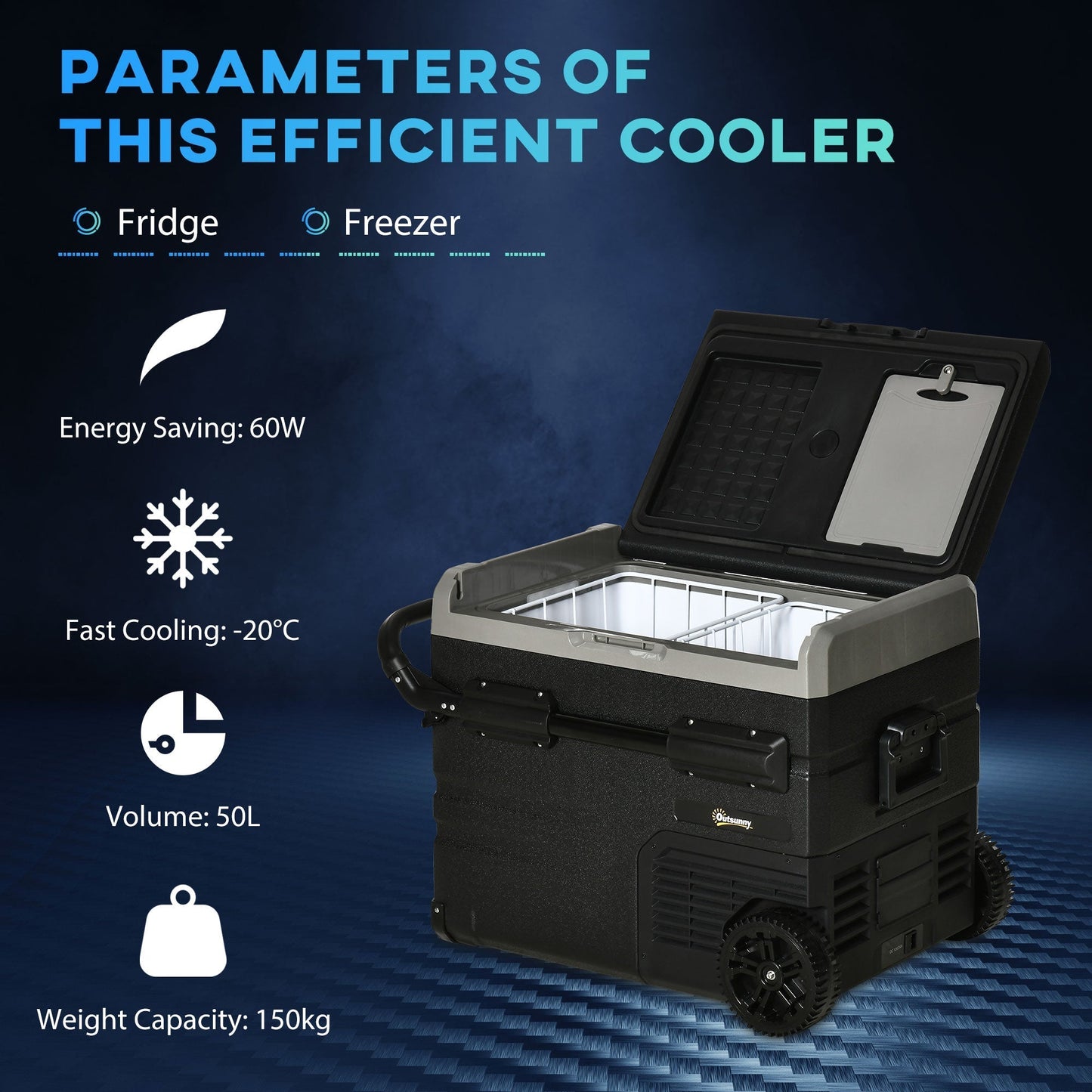 Outsunny 50L Car Refrigerator, Portable Compressor Cooler Box, Fridge Freezer w/ Inner LED Light, Foldable Handles, Cup Holders, 12/24V DC and 110-240V AC for Campervan RV Boat Travel Down to -20√¢‚Äû∆í