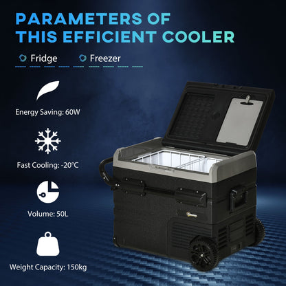 Outsunny 50L Car Refrigerator, Portable Compressor Cooler Box, Fridge Freezer w/ Inner LED Light, Foldable Handles, Cup Holders, 12/24V DC and 110-240V AC for Campervan RV Boat Travel Down to -20√¢‚Äû∆í