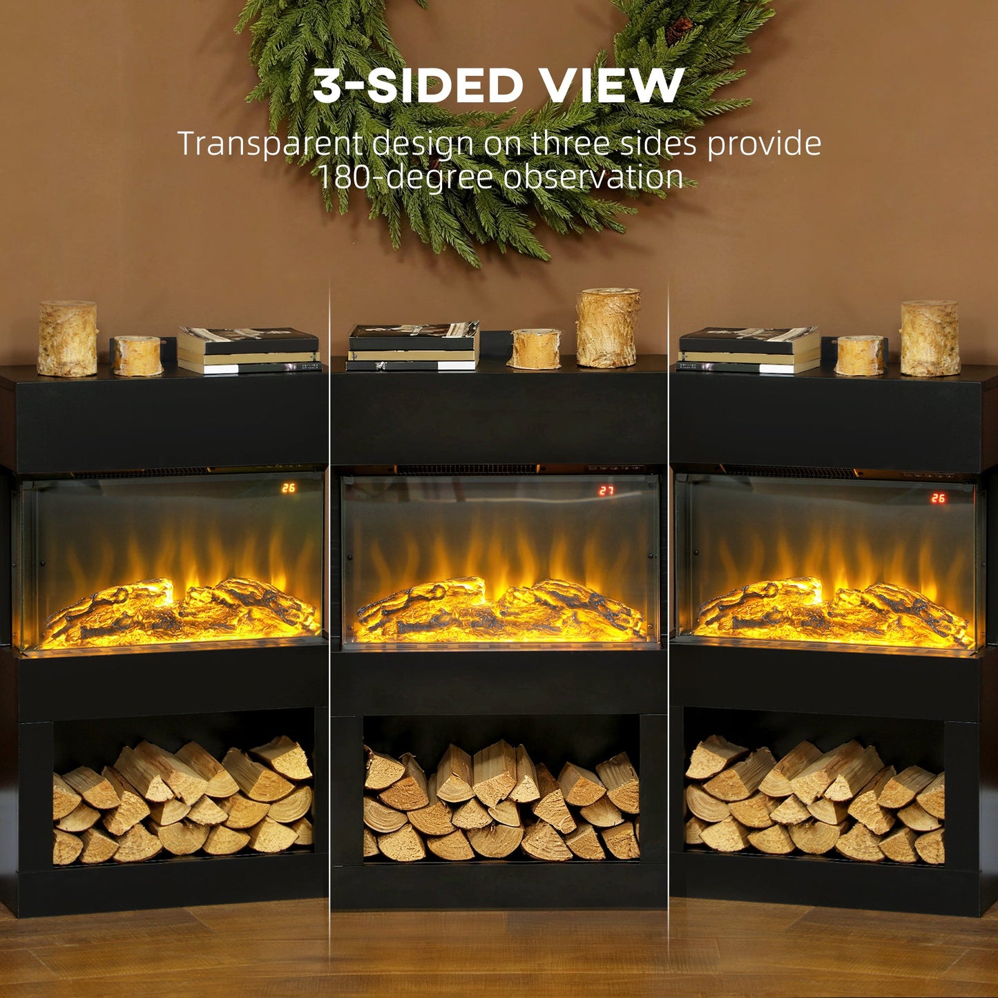 HOMCOM 19" Electric Fireplace with Surround, 3D Flame Effect, 6 Colours & 3 Brightness Levels, 1000W/2000W Black Electric Fire and Mantel Reach up to 30ãŽ¡ Space with Remote & Timer, 3 Sided View
