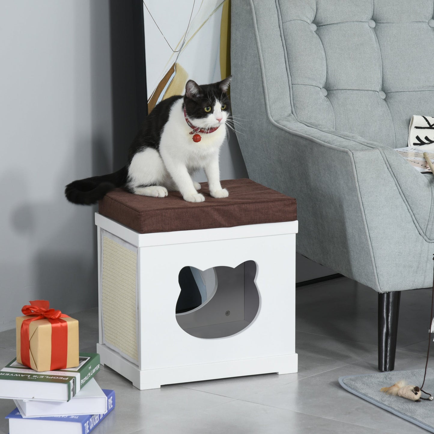PawHut Cat House Bed Cat Scratching Cube for Small Cat Pet Furniture with Removable Scratching Pad and Soft Cushion White