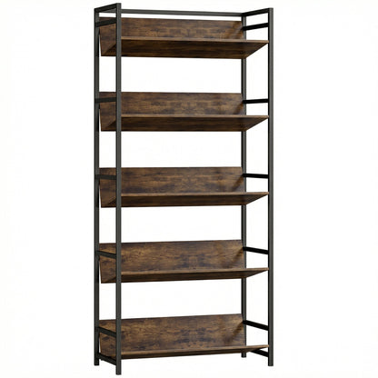 HOMCOM Bookshelf 5-Tier Metal Frame Room Divider Bookcase Storage Shelves for Living Room Rustic Brown