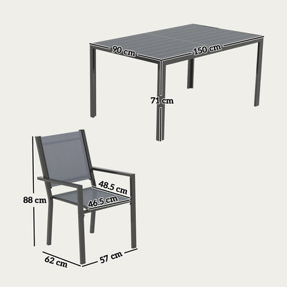 Outsunny 7 Piece Garden Dining Set, Outdoor Furniture Set with 6 Stackable Chairs and 150 cm Rectangle Table, WPC Slatted Top, Rust-Resistant Steel Frame, for Garden, Porch, Terrace