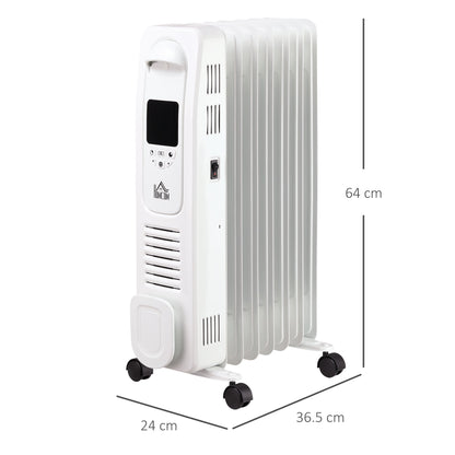 HOMCOM 1500W Digital Oil Filled Radiator, 7 Fin, Portable Electric Heater with LED Display, 24-Hour Timer, 3 Heat Settings, Safety Cut-Off and Remote Control, White