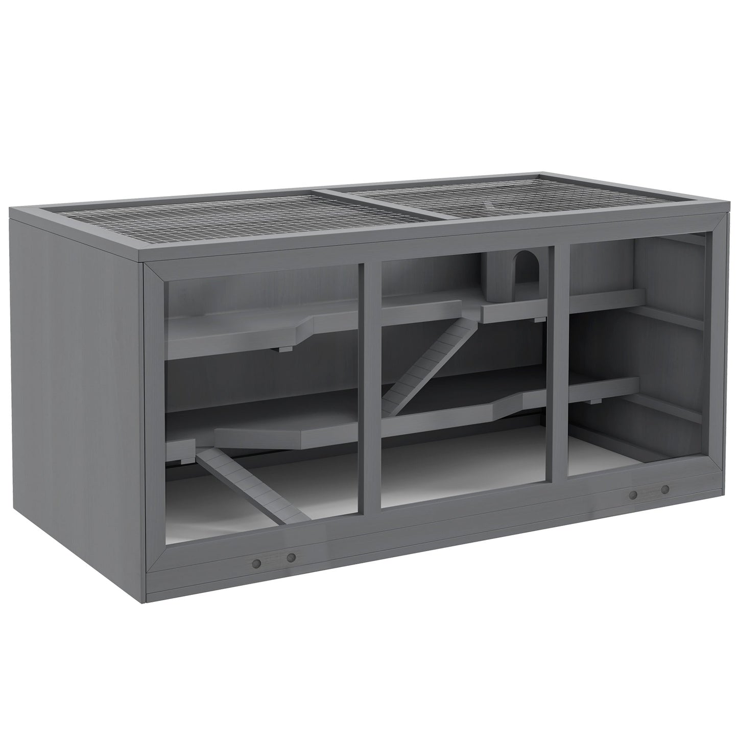 PawHut Wooden Hamster Cage, Small Animals Hutch with Tray, Openable Top, Exercise Play House Pen, 115L x 57W x 55Hcm, Grey