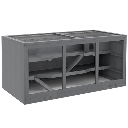 PawHut Wooden Hamster Cage, Small Animals Hutch with Tray, Openable Top, Exercise Play House Pen, 115L x 57W x 55Hcm, Grey